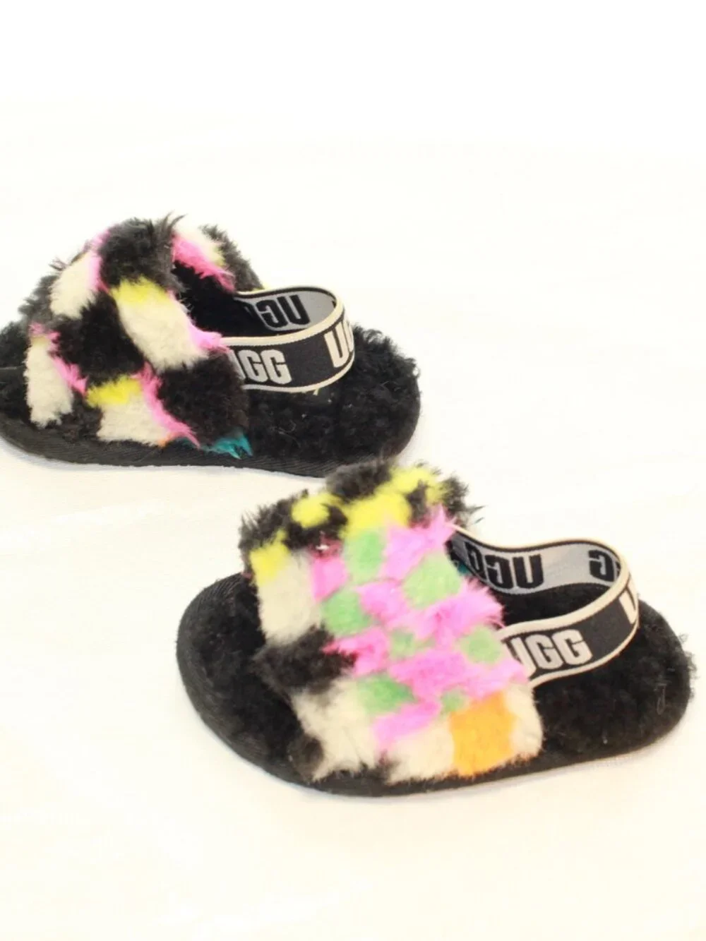 UGG Size Baby 6  Checks Black Fluff Yeah Slide Faux Fur Slipper Sandals 1130391T